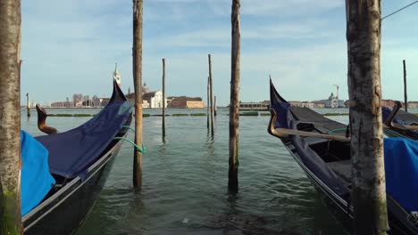 Gondeln,-Die-In-Den-Frühen-Morgenstunden-An-Holzmasten-In-Venedig-Festgeschnallt-Sind,-Mit-Der-Wunderschönen-Kirche-San-Giorgio-Maggiore-Im-Hintergrund