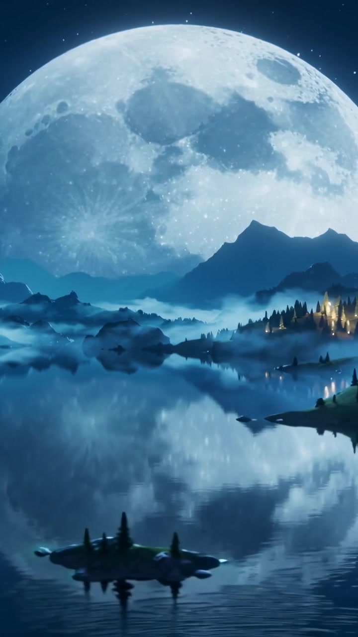 Video verticale: All'inizio, la telecamera esegue una panoramica verso il basso su un lago alpino, mostrando il riflesso della luna, un villaggio e degli isolotti.