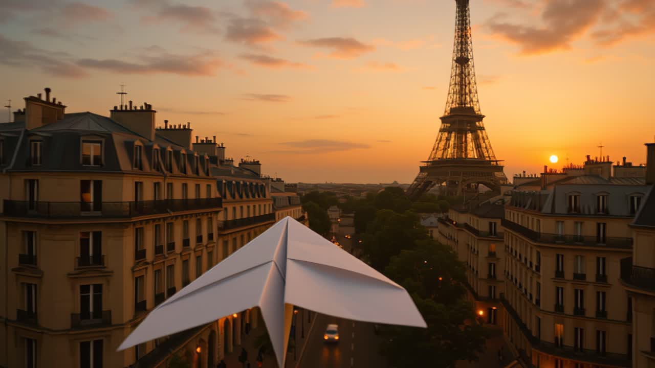 Riprese cinematografiche di un aeroplano di carta bianco che scivola sopra i tetti parigini verso la Torre Eiffel all'ora d'oro, con un cielo caldo al tramonto e la strada cittadina sottostante.