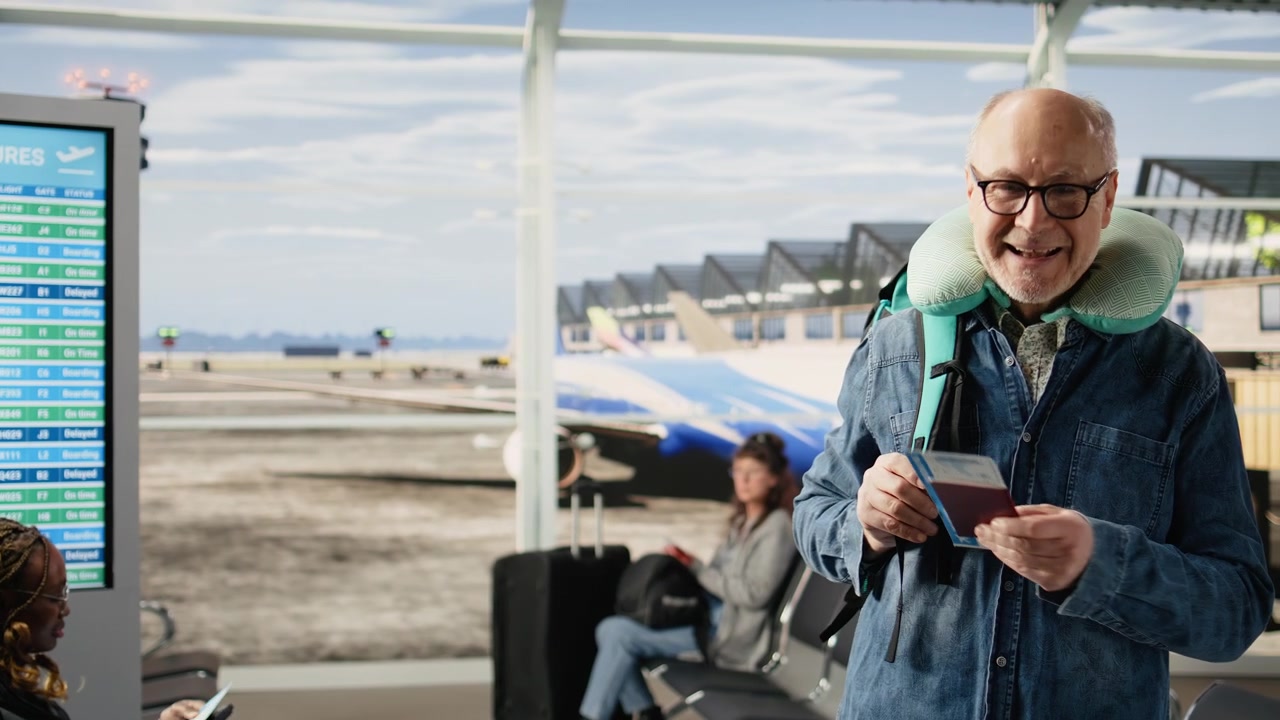 Spændt seniormand ved lufthavnsgaten med kuffert og boardingkort.