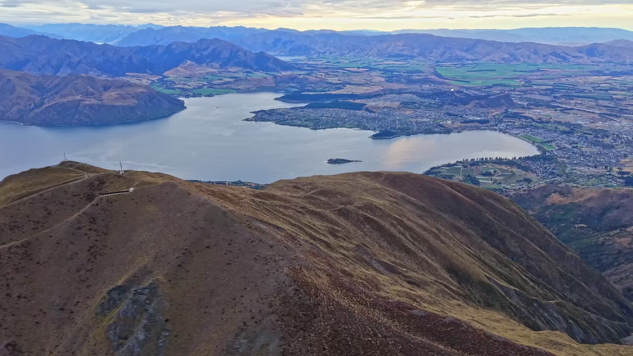 Scenic view of Lake Wanaka and town from Roys Peak, New Zealand hike