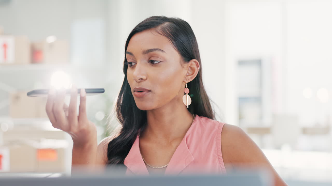 Business woman, phone and voice note