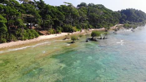 Sideways-travelling-drone-shot-perpendicular-to-the-beach-of-a-remote-andaman-location-with-mangrove-trees-reefs-and-turquoise-ocean-water-and-some-small-waves-with-forest-directly-on-the-beach