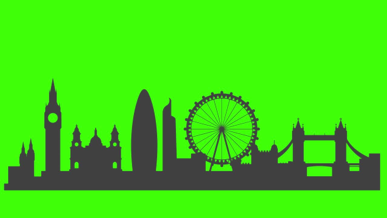 silueta del icono de la ciudad de londres apareciendo en la pantalla verde