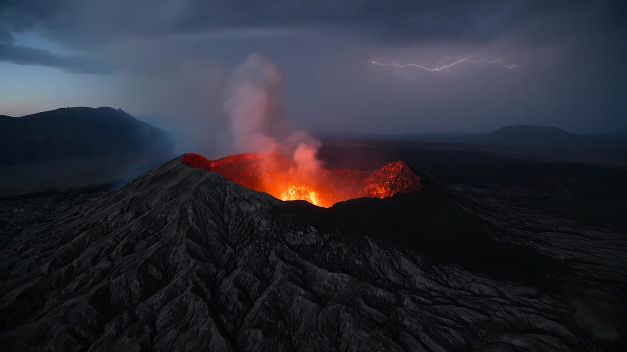 Telecamera aerea che si avvicina filma un cratere che emette cenere e getti di lava dal magma con fulmini.