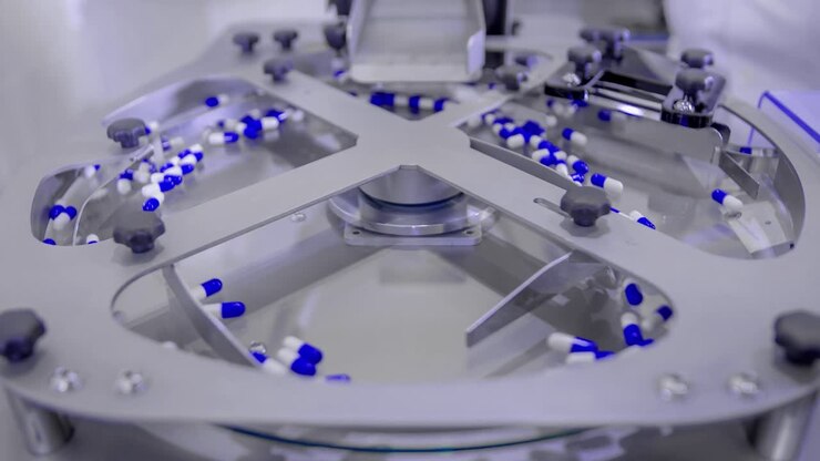 Blue pills for COVID-19 treatment spinning on a plate during counting process on the production line