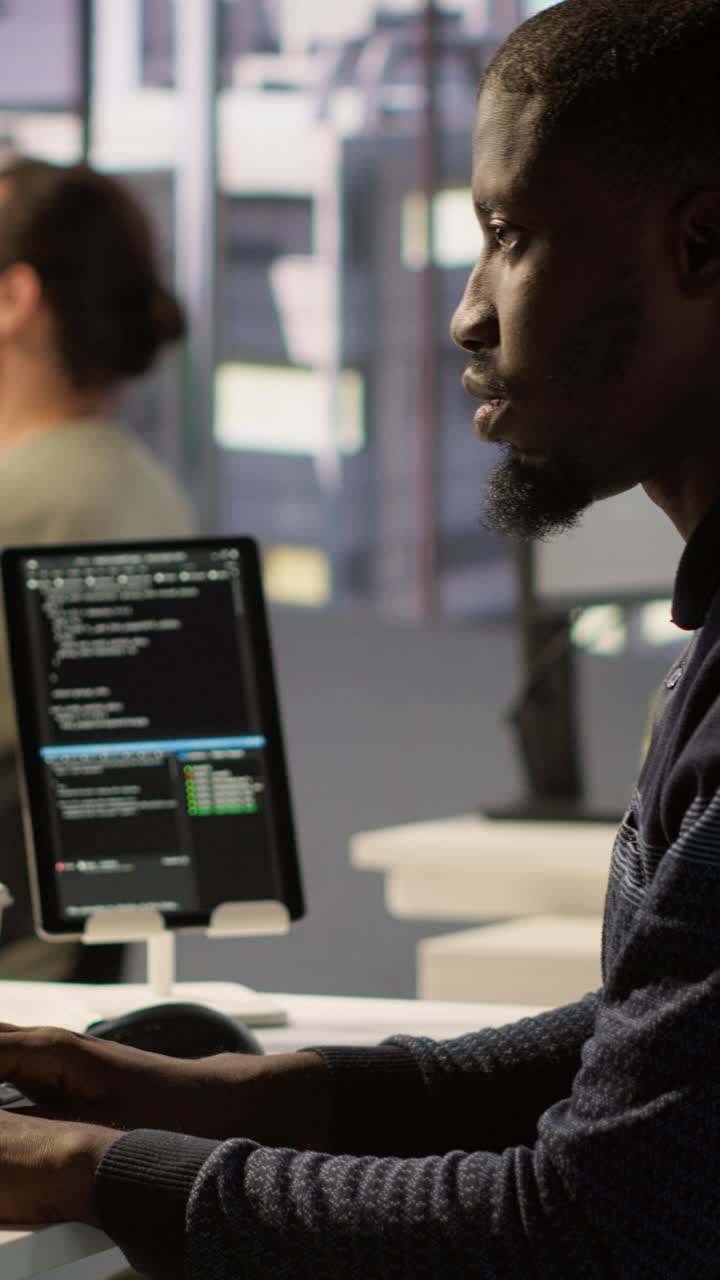 Vertical video Man programming in office using artificial intelligence tech