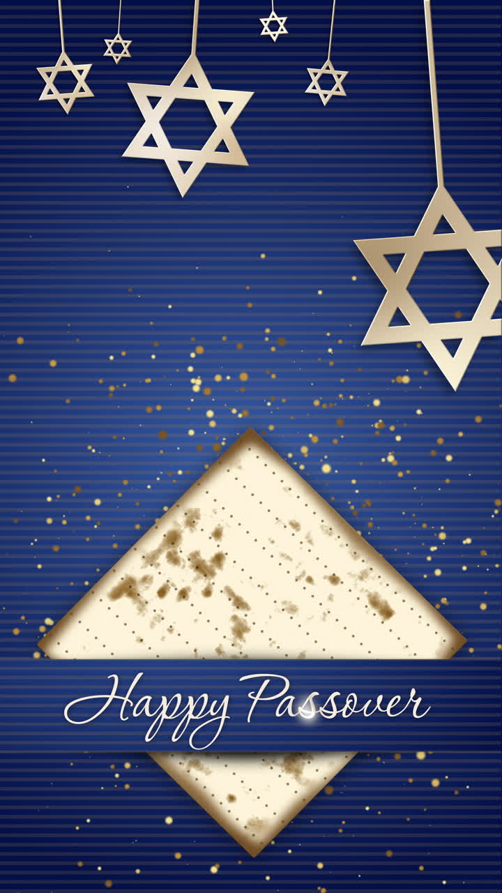 Traditional Jewish matzah bread for Passover. Greeting inscription in Happy Passover. Animated loop blue background with shiny elements. Vertical video.
