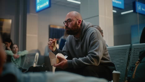 man eating pizza in airport
