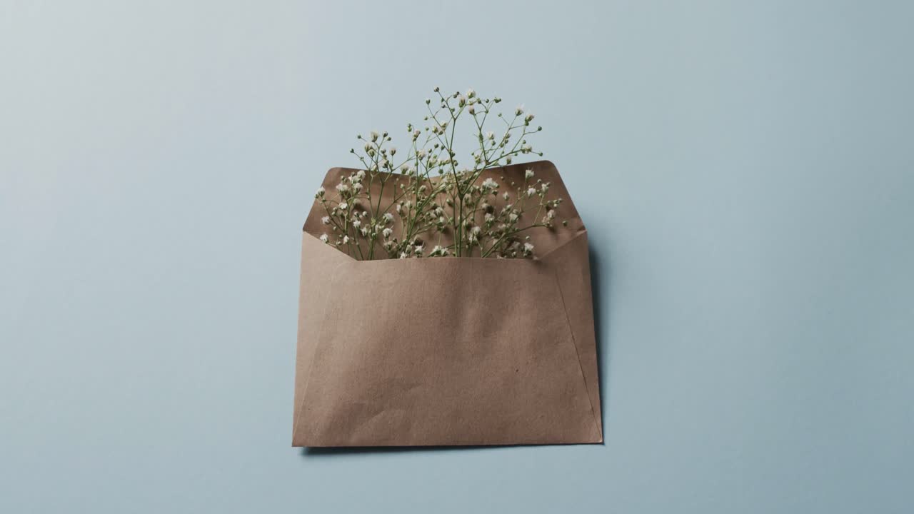 Video di fiori bianchi in una busta marrone e spazio copia su sfondo blu.