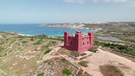 Aerial view of the Red Tower in Malta. Popular tourist destination and viewpoint
