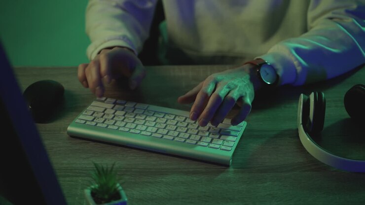 Mani maschili che digitano sulla tastiera, lavorando con un computer su uno sfondo colorato. Primo piano.