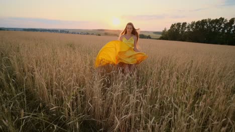 woman in yellow dress walking through a golden wheat field at sunset