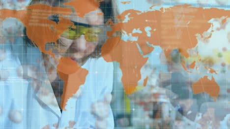 Covid-19-cells-over-world-map-against-female-scientist-working-in-laboratory