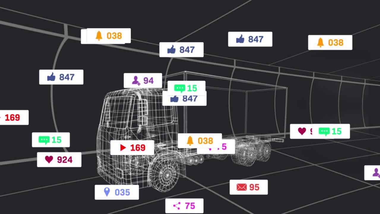 When red icons popping near wireframe truck, clustering counts rising, fading showing engagement