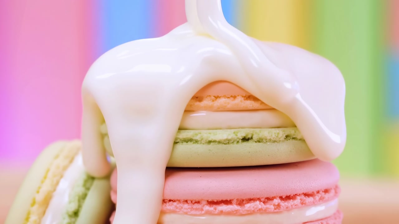 Pastel Macarons Topped With Glossy Cream, Stacked Pink Green Peach Shells, White Drizzle Flowing Over Edges,