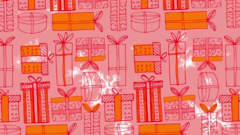 animación de regalos de navidad patrón sobre la nieve que cae sobre fondo rosa