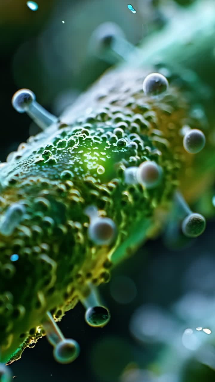 A green, fuzzy looking object with many small green dots on it. It looks like a plant or a bug Vertical video