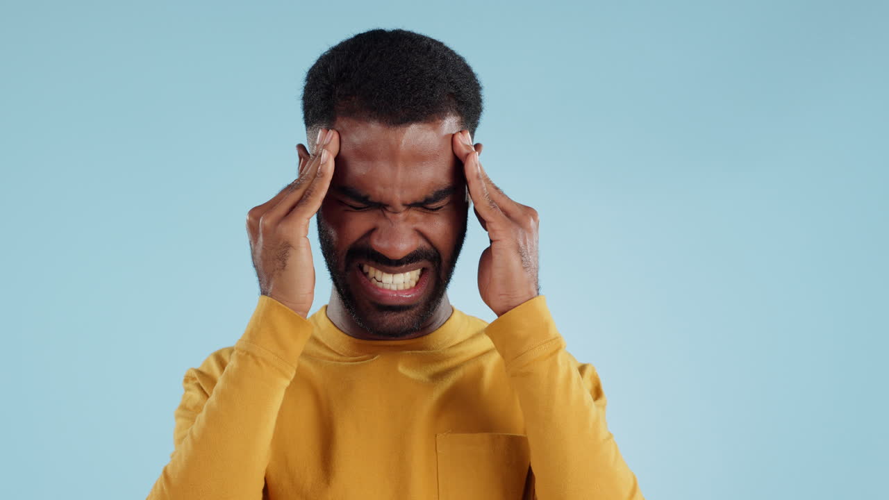 Stress, tired and a man with headache pain