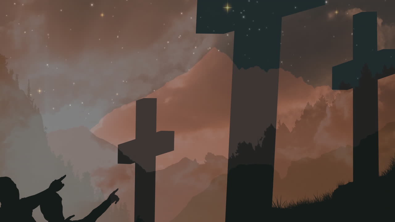 Pointing at crosses with starry sky and mountain backdrop, person watching animation