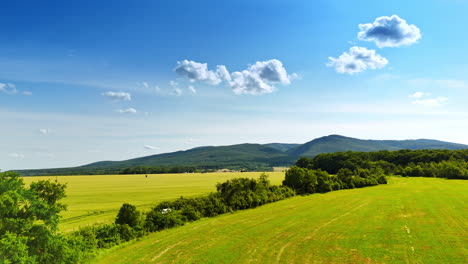 scenic countryside landscape in europe. lush green fields stretch under a bright blue sky with fluffy clouds in this picturesque european countryside