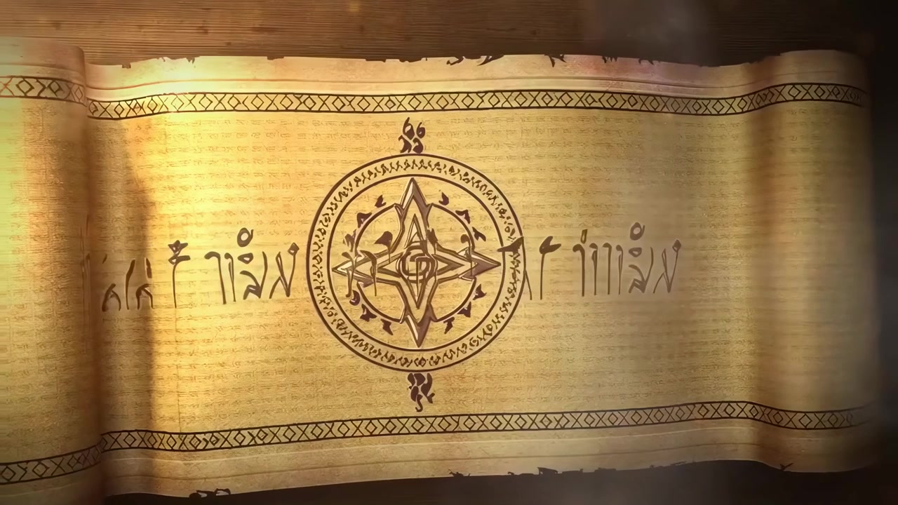 ม้วนกระดาษหนังโบราณกำลังคลี่ออกบนโต๊ะไม้