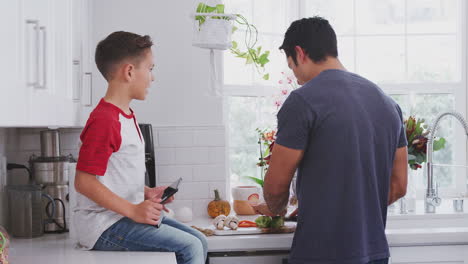 Son-sitting-on-kitchen-worktop-talking-while-his-father-chops-vegetables,-close-up