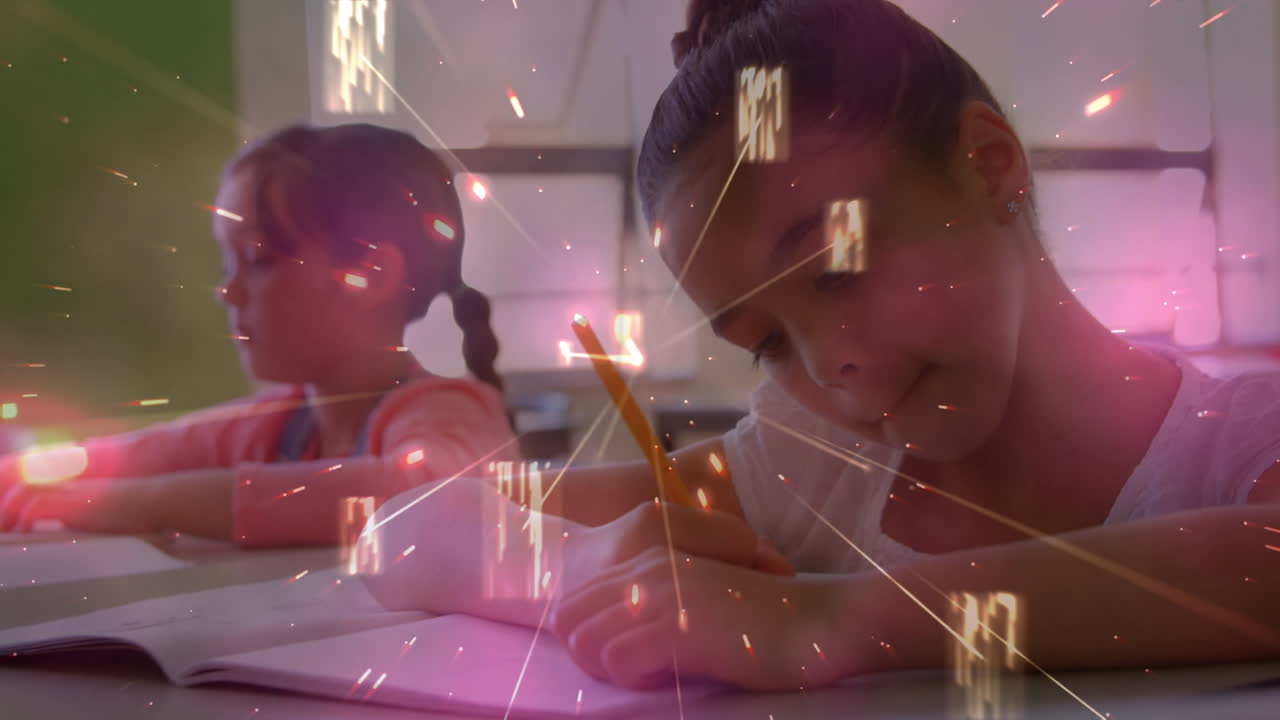 다양한 학교 학생들에 대한 빛의 길의 애니메이션과 데이터 처리가