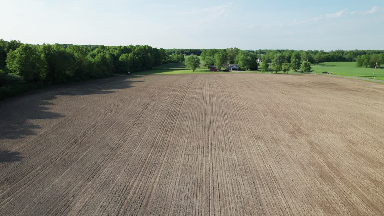 Zeitlupen-Drohnenansicht einer wunderschönen Agrarlandschaft mit weitläufigen, ausgedehnten grünen Feldern, vielen Bäumen und Sträuchern unter blauem Himmel.
