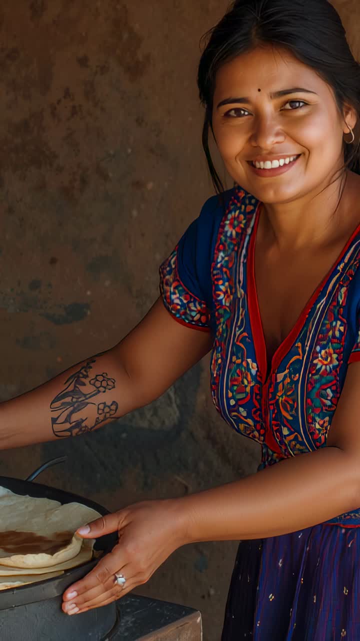 Vertical video: Smiling woman in kurta placing roti on hot griddle by mud wall to cook, pressing