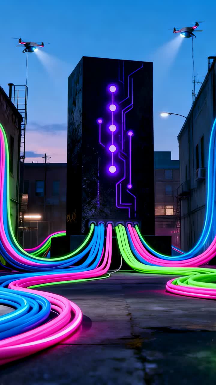 Vídeo vertical: nós pulsantes em monólito puxando cabos de neon para a base em um beco ao anoitecer para obter energia