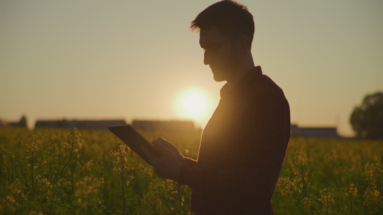 Farmer Using Digital Tablet at Sunset