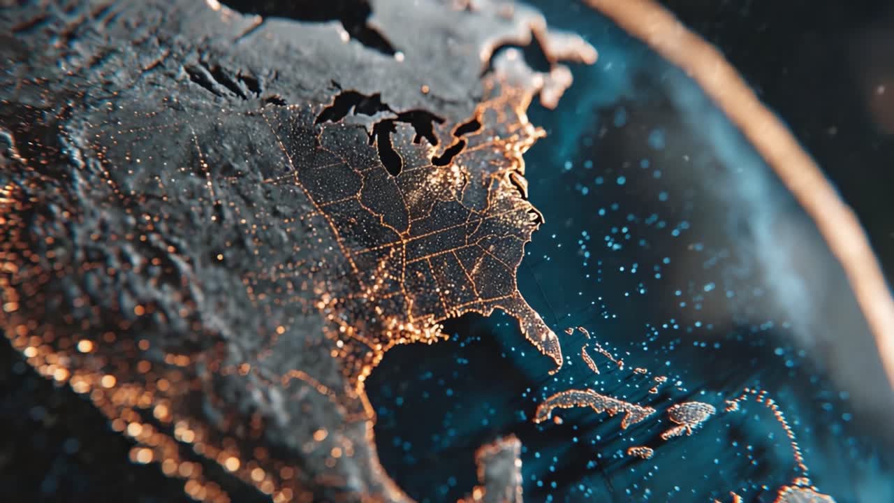 Una splendida visualizzazione della Terra dallo spazio: le terre illuminate mettono in risalto le aree urbane e gli elementi naturali su uno sfondo scuro