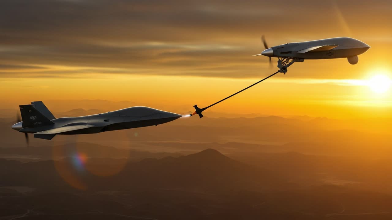 A Stunning Display of Aerial Technology: Two Drones Engaged in Mid-Air Refueling Against a Breathtaking Sunset Backdrop
