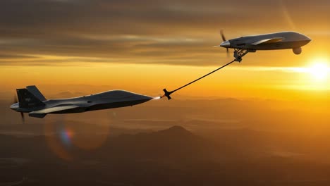 a stunning display of aerial technology: two drones engaged in mid-air refueling against a breathtaking sunset backdrop