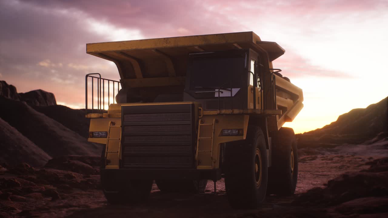 camión de descarga amarillo, camión de minería en el sitio de minería