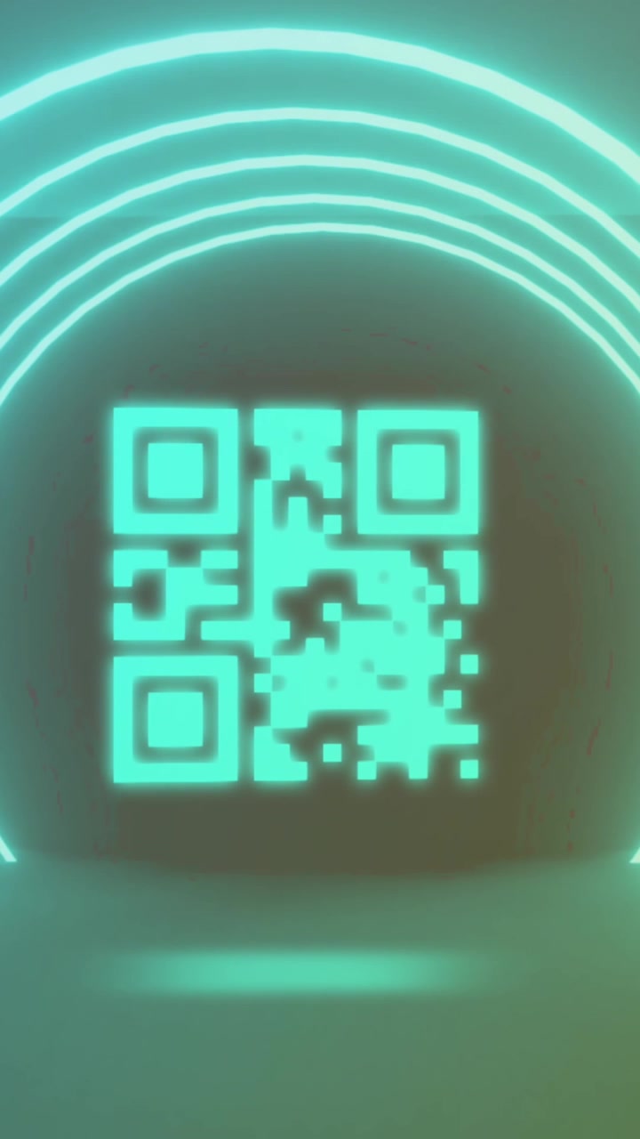 Animation of neon qr code scanner and light trails against blue background