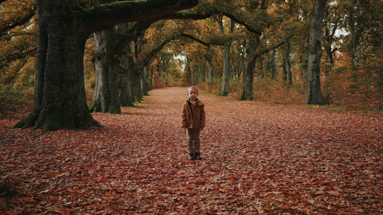 Little Boy Standing on a Path Covered in Autumn Leaves