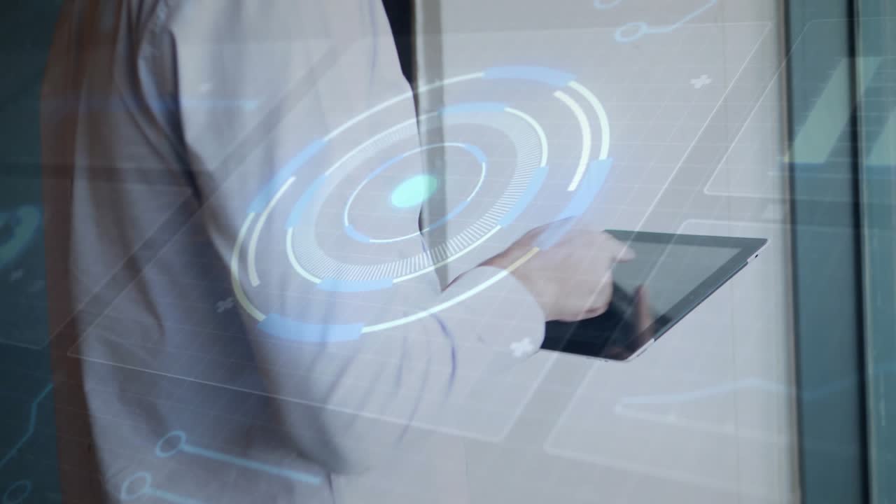 Businessman tapping tablet, animating HUD while reviewing stats and swiping, glancing toward window