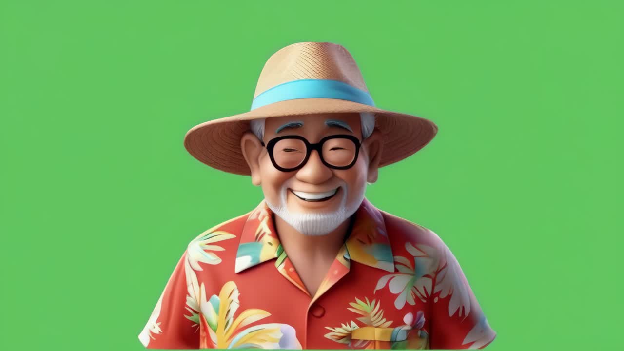 A senior asian man with a straw hat and glasses is smiling