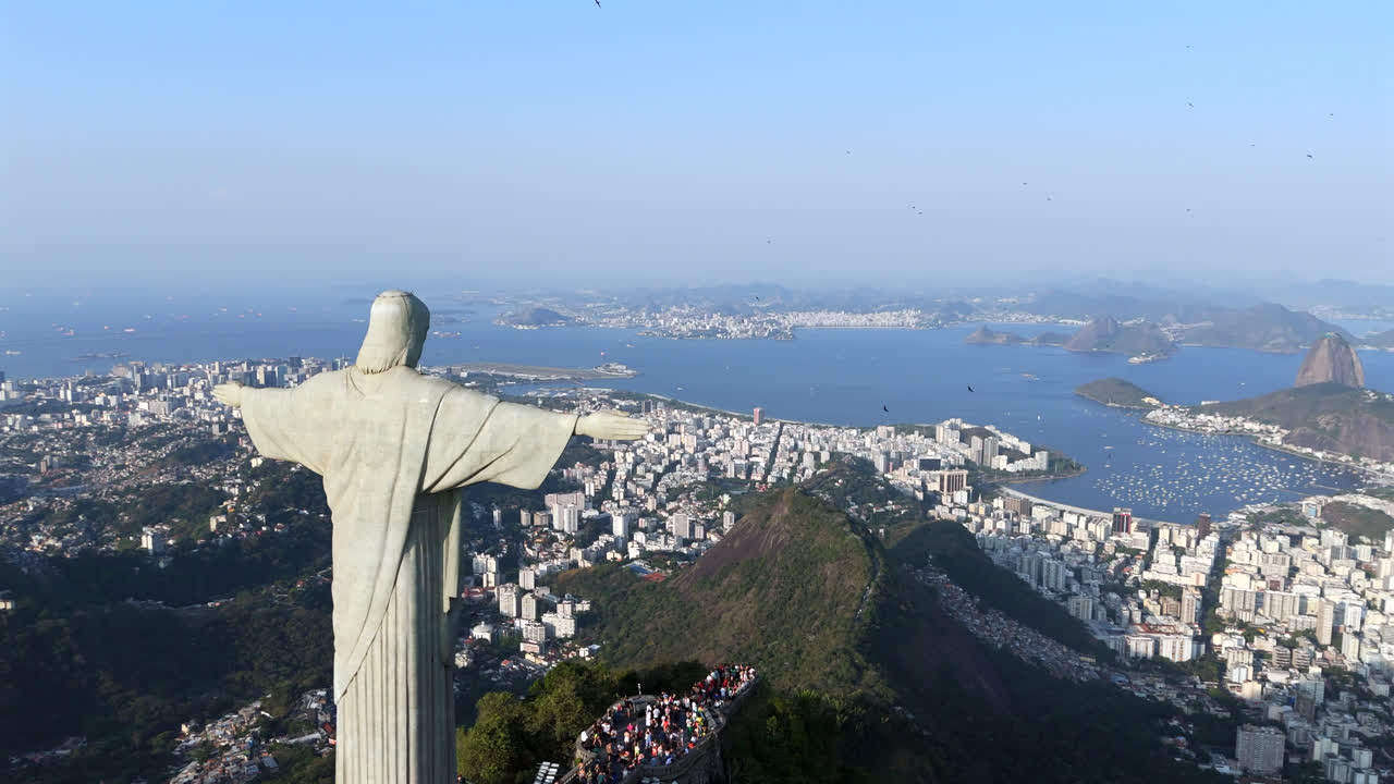 Christ the Redeemer – Aerial Right Pan Over Rio’s Coastal Beauty