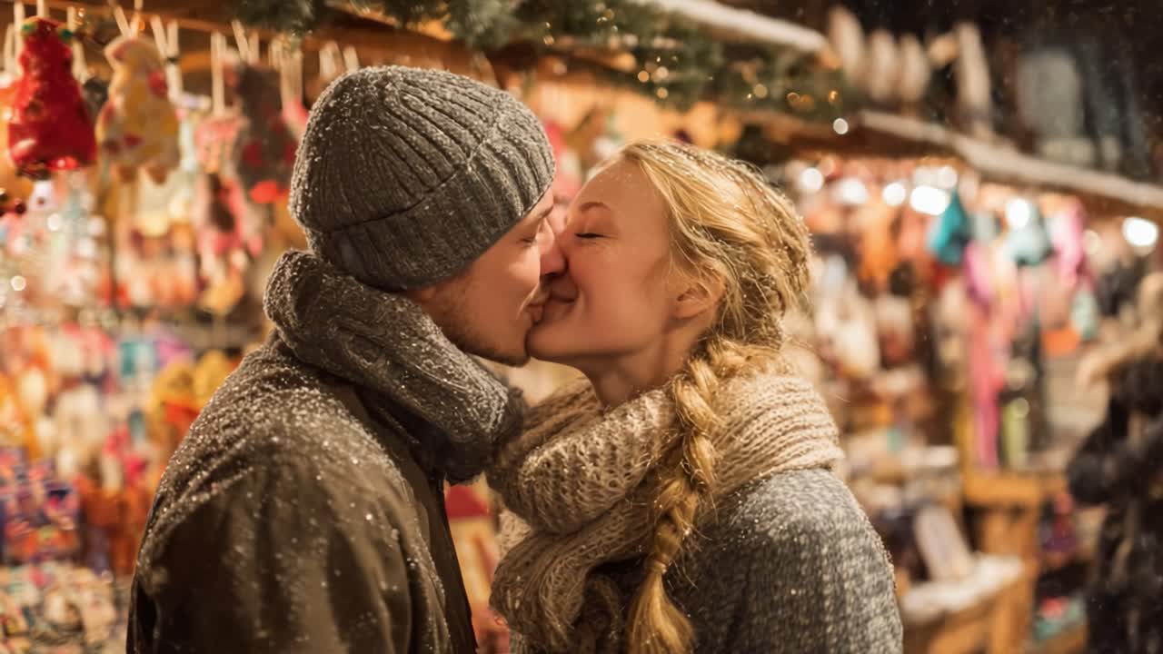 A Romantic Winter Kiss: Capturing the Magic of Love Amidst a Snowy Market with Holiday Decor and Cozy Sweaters