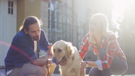 happy young couple crouching on the street and petting their labrador dog on a sunny day