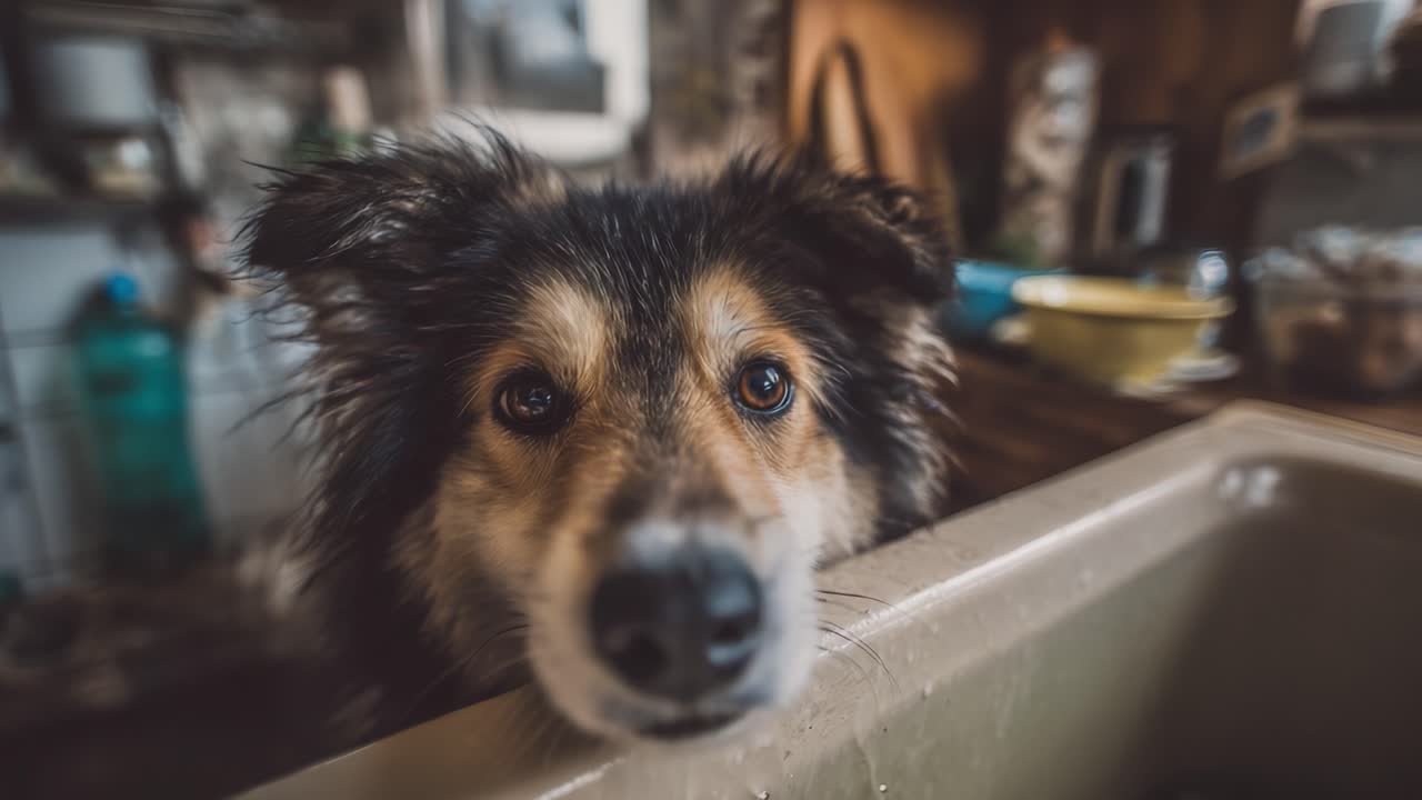 A Curious Dog Peering Over the Edge of a Bathtub, Capturing the Essence of Playful Anticipation in a Cozy Home Environment