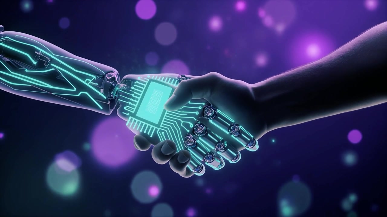 Mano umana e mano robotica che si stringono su uno sfondo digitale