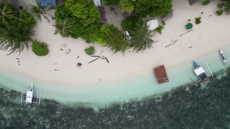 Top-down-perspective-of-tropical-balabac-beach-shoreline-with-canoe,-palm-trees,-sand