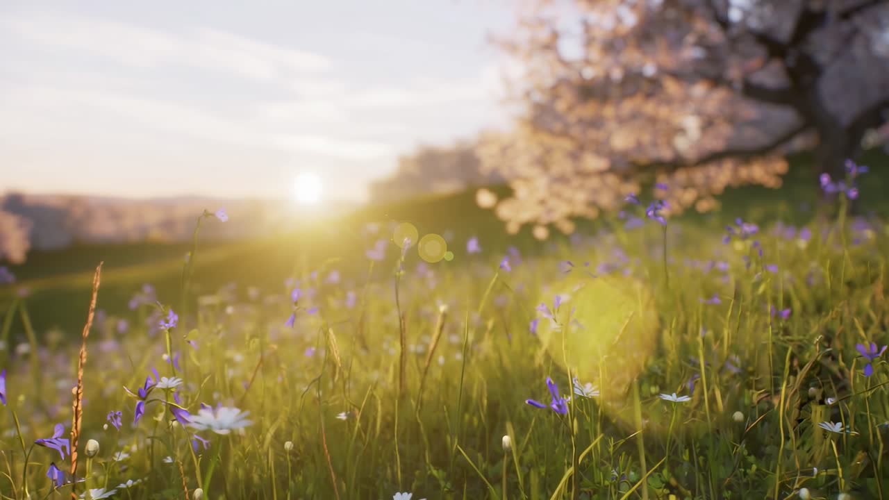 日の出時の咲き誇る牧草地の穏やかなビデオ、ローアングルでソフトフォーカスで撮影