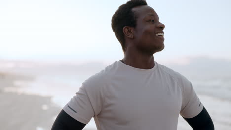 relax, fitness or black man runner on beach