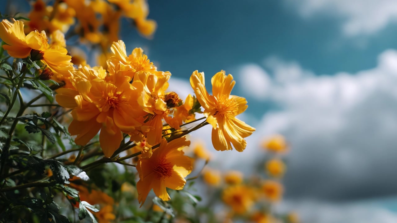 Fiori gialli vivaci contro un cielo nuvoloso: Un'accattivante esposizione floreale catturata in due fotogrammi, che evidenzia la bellezza della natura e i petali colorati.