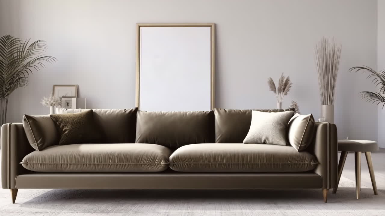 Modern Living Room Interior with Beige Sofa and Blank Frame Mockup